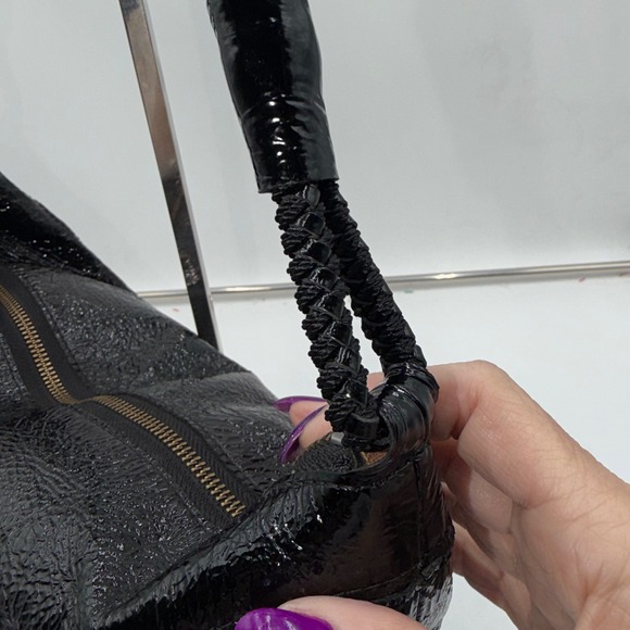 The Sak Black Patent Pig Leather Hobo Shoulder Bag Braided Strap Whipstitch - Picture 3 of 11